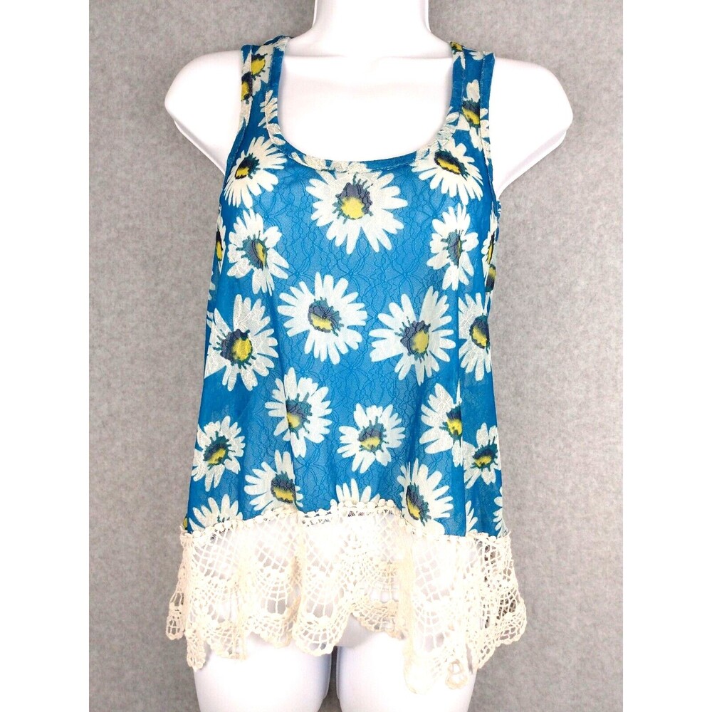 Rue 21 Womens Tank Top Small Blue Daisy Crochet Lace Boho Cottage Coquette Fairy